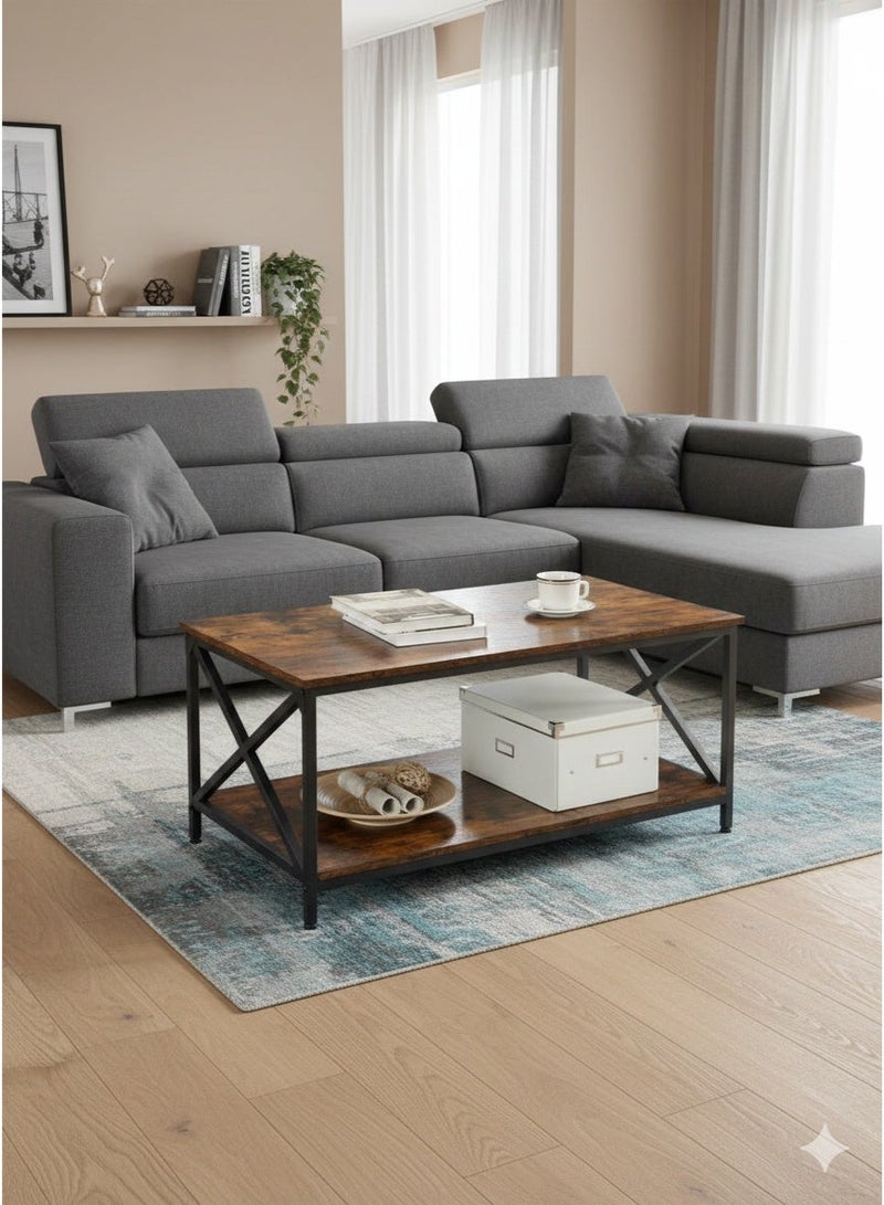 إكسبرت طاولة قهوة ، طاولة غرفة المعيشة ، مع إطار فولاذي على شكل X ورف تخزين ، 100x55x45 سم ، نمط صناعي ، بني ريفي - Image 1